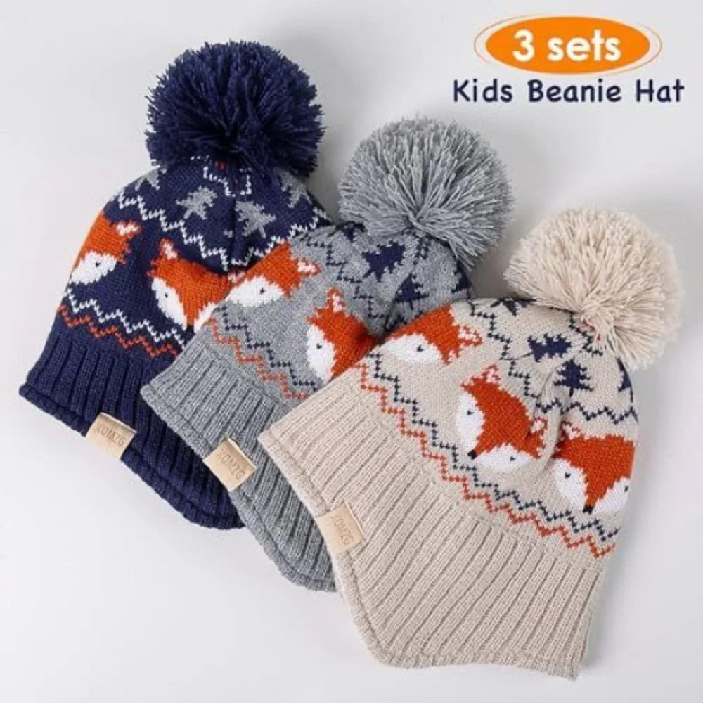 BRAND NEW 1T-2T Kids Fox Pom-Pom Beanie Set - Navy, Gray, Cream